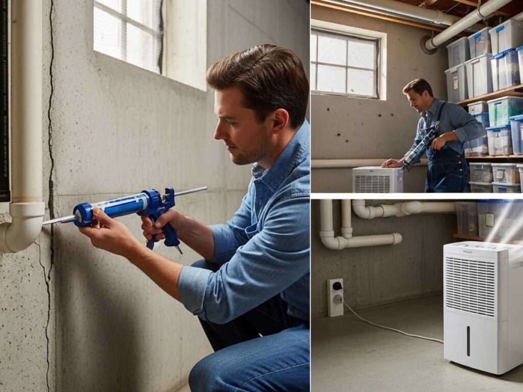 Homeowner sealing basement cracks and using a dehumidifier in a clean, organized basement to prevent spiders.