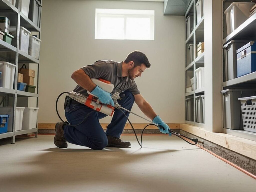 Professional pest control technician treating a residential basement for spiders in Southeast Idaho.