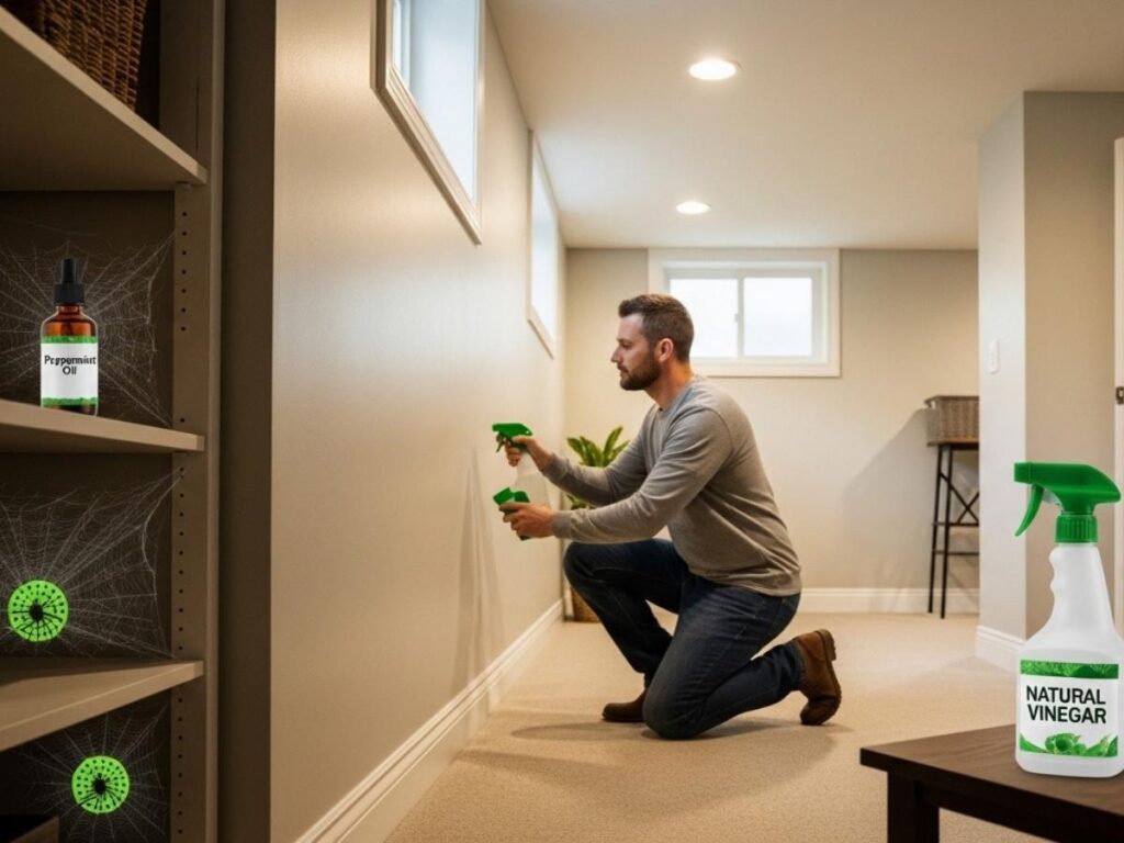 Homeowner using natural DIY spider control methods in a basement, including vinegar spray, peppermint oil, and sticky traps.