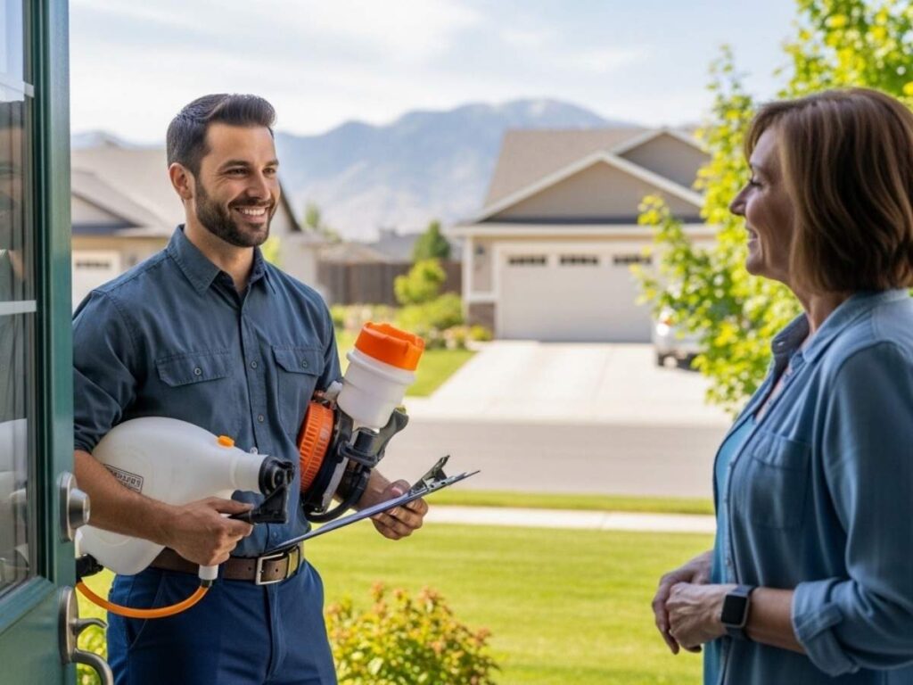 Friendly local pest control technician discussing spider control service with a homeowner in Southeast Idaho.