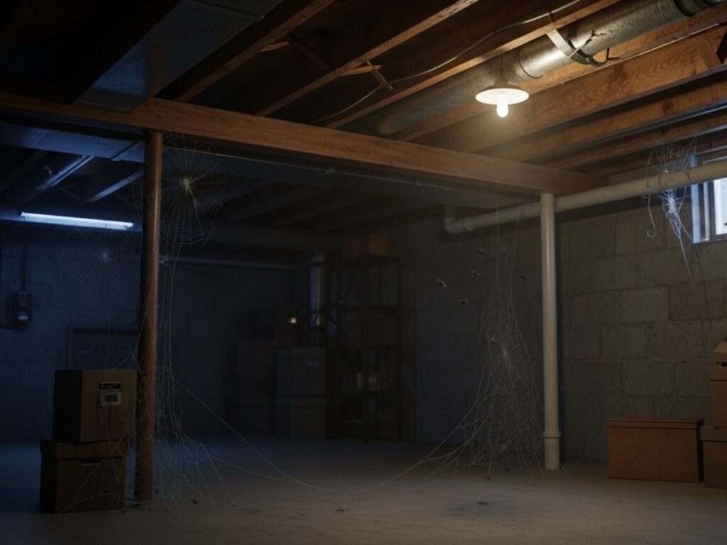 Dim Idaho basement with spider webs in dark corners and storage boxes.