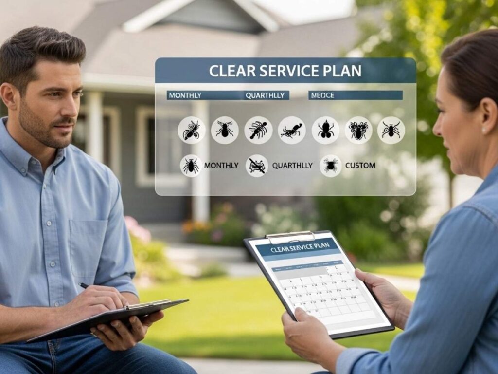 Pest control technician explaining service plan options to a homeowner with clear pricing and year-round protection choices.