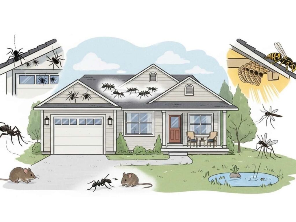 Various seasonal pests around an Idaho home including spiders, ants, rodents, wasps, and mosquitoes throughout the year.