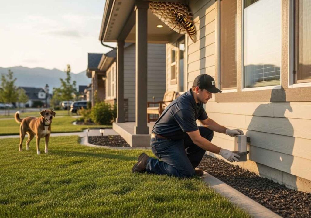 Pest control technician applying pet-safe treatments around a Southeast Idaho home while a dog plays safely in the yard.