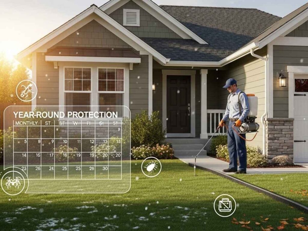 Pest control technician treating a home in Southeast Idaho with visual cues of monthly and quarterly service plans for year-round prevention.