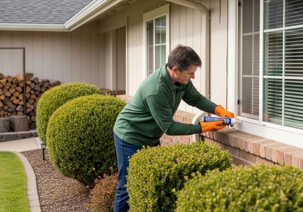 Homeowner sealing exterior cracks and maintaining yard to extend pest control effectiveness.