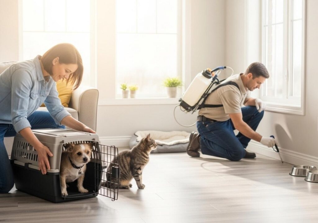 Homeowner preparing pets safely before a professional pest control treatment inside a bright family home.