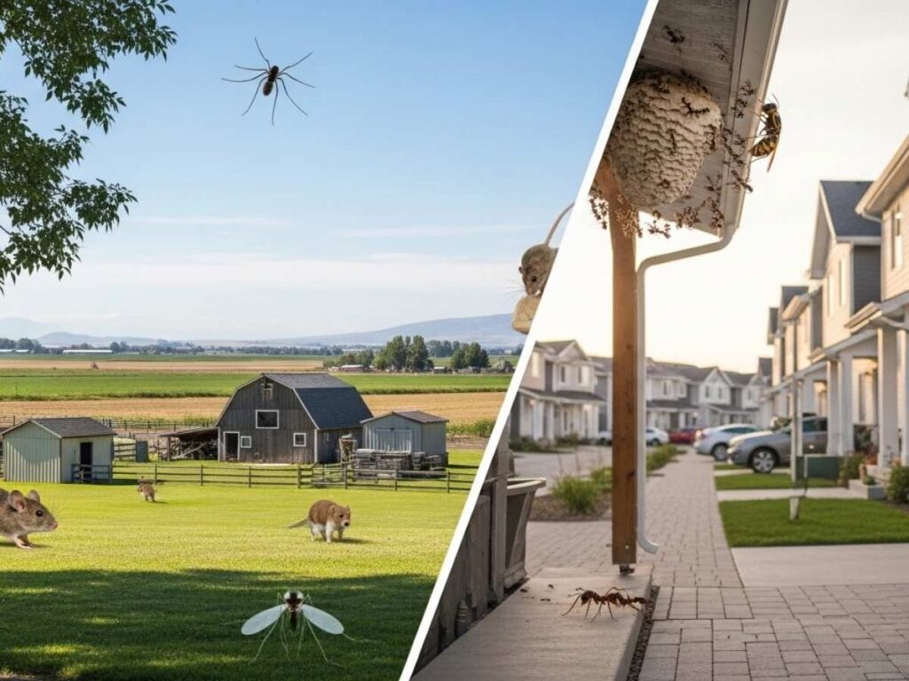 Comparison of rural and suburban homes in Southeast Idaho showing different pest pressures and activity around each property.