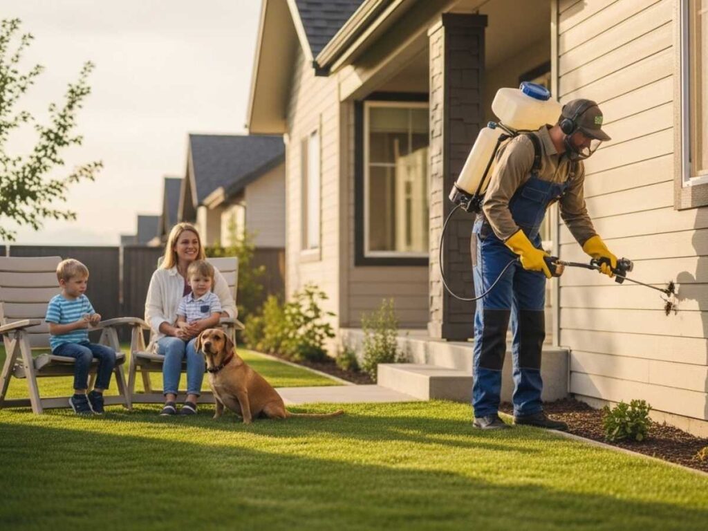 Pest control technician safely treating a home exterior while a family with children and a dog relax nearby.