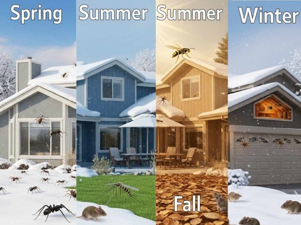 Four-season view of a Southeast Idaho home showing pest activity in spring, summer, fall, and winter.
