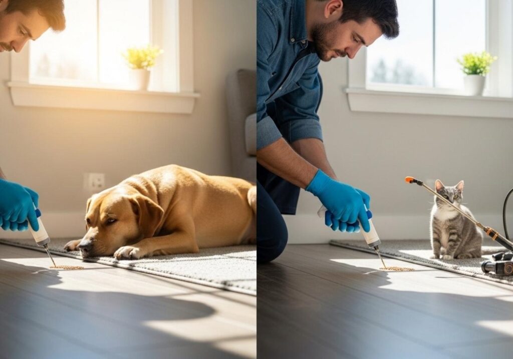 Pet-safe pest control treatment being carefully applied inside a home with a dog and cat nearby.