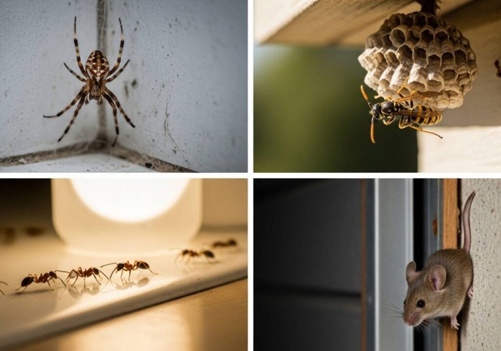 Common household pests in Idaho including spiders, ants, wasps, and mice shown in typical home environments.