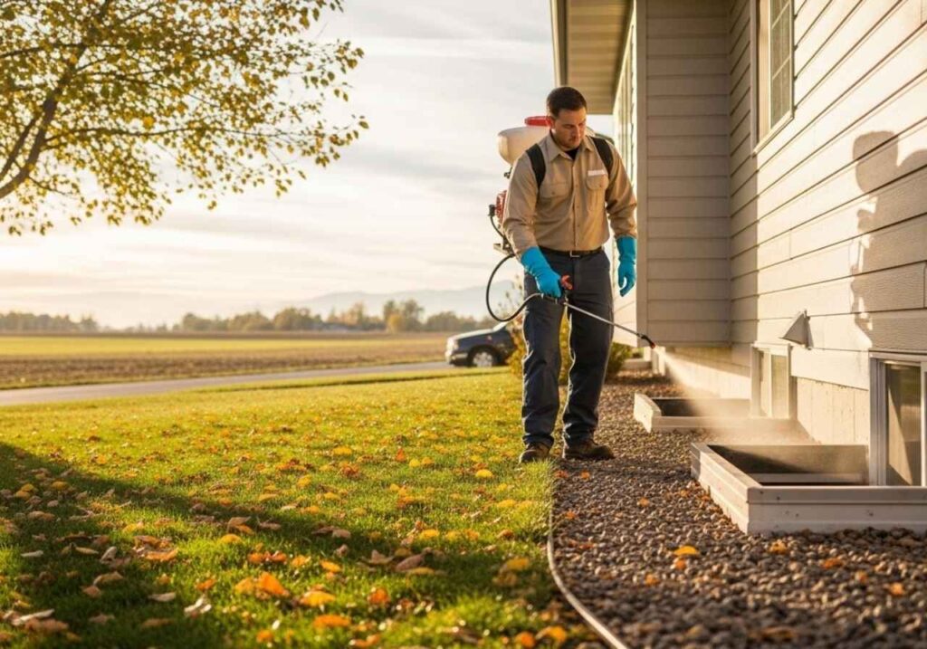 Pest control technician applying exterior treatment to an Idaho home during fall season.