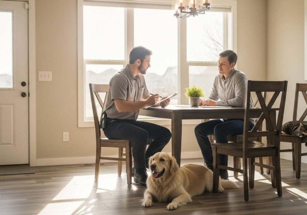 Homeowner consulting with a pet-safe pest control technician while a dog rests calmly nearby.