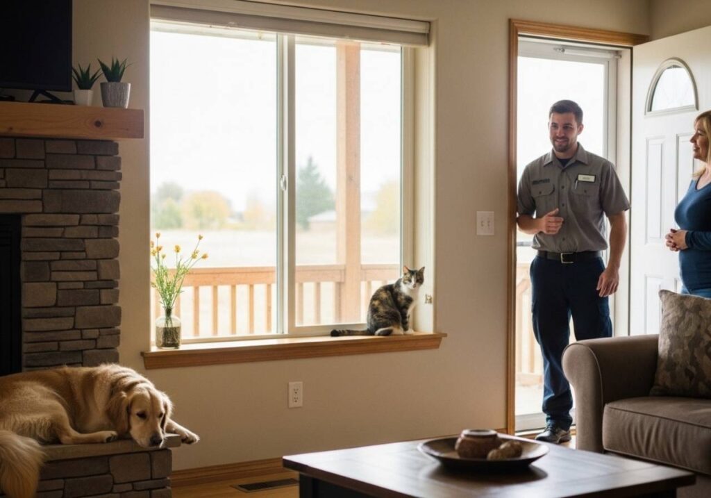 Pet-friendly pest control consultation in a cozy Southeast Idaho home with a dog and cat indoors.