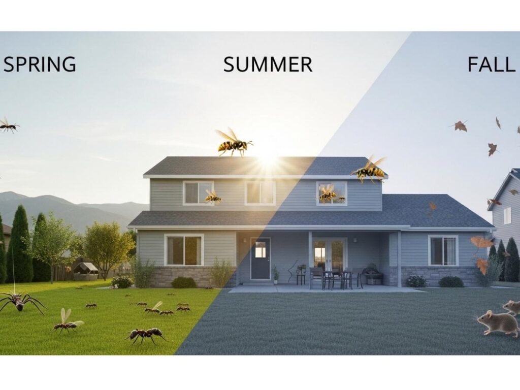 Seasonal pest activity around a Southeast Idaho home showing ants in spring, wasps in summer, and rodents in fall.