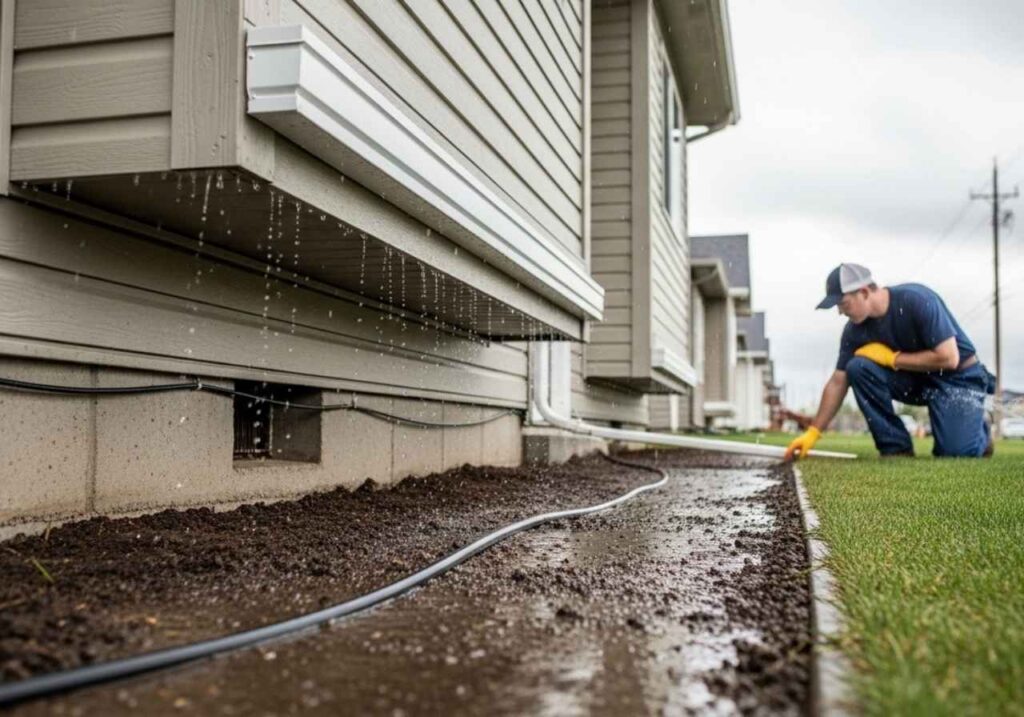 Pest control technician inspecting home foundation after rain to maintain treatment effectiveness.