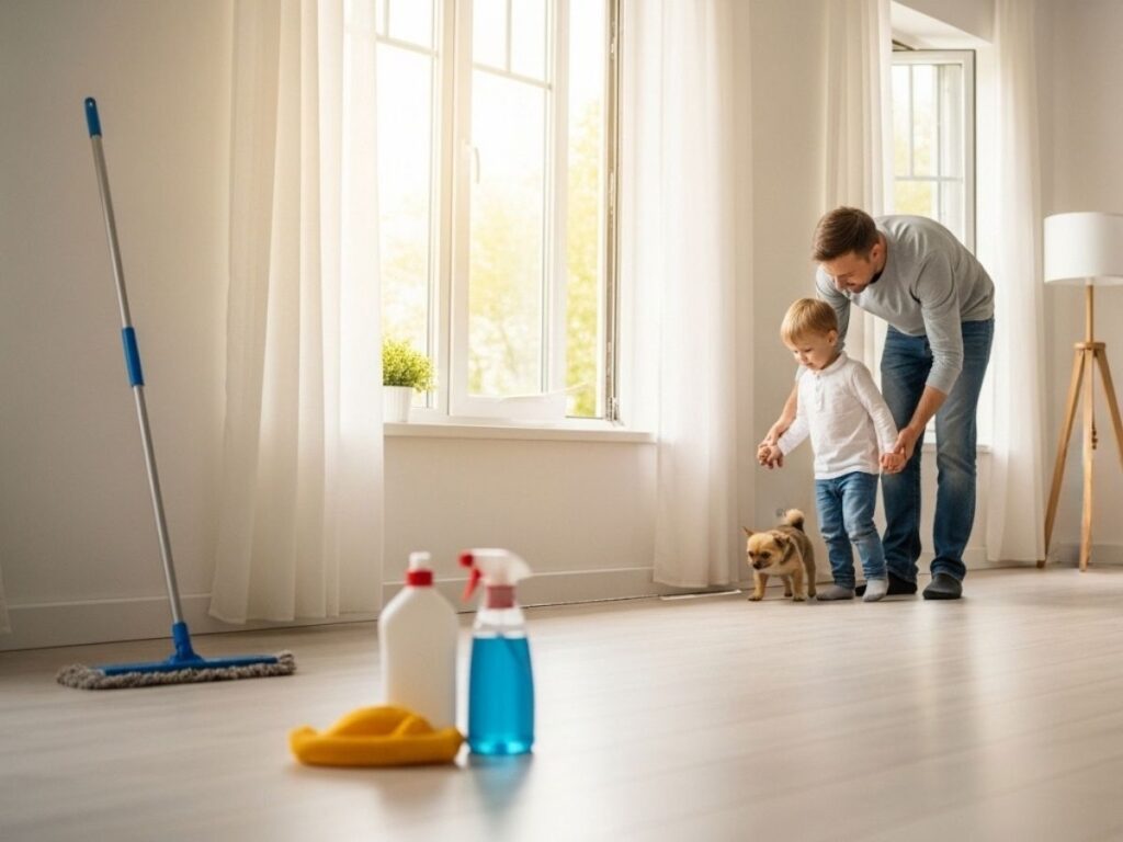 Family ventilating their home and keeping pets away from treated areas after pest control service.
