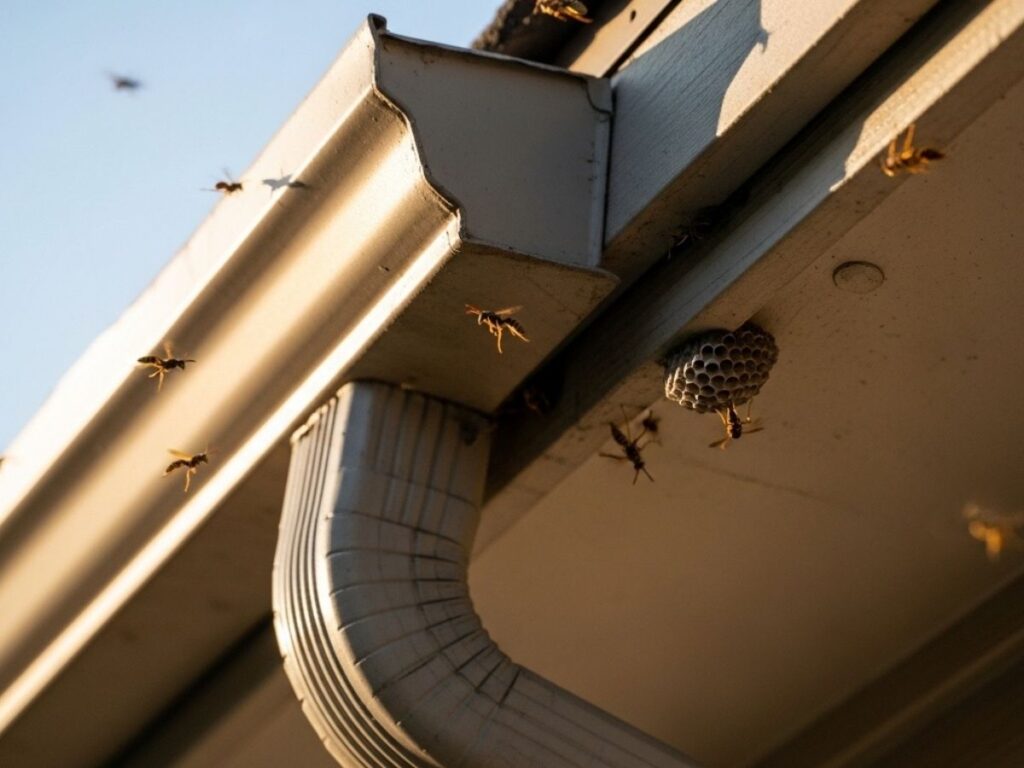 Small papery wasp nest forming under house eaves with several wasps flying nearby.