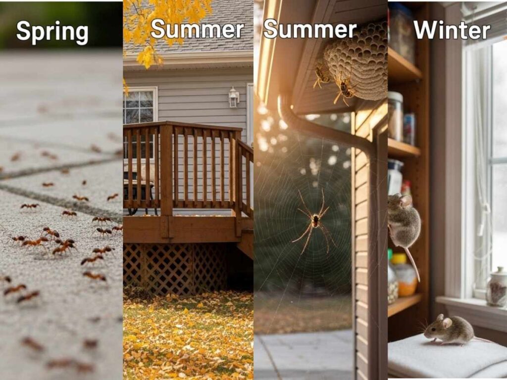 Seasonal collage showing ants in spring, wasps in summer, spiders in fall, and mice in winter around a home.