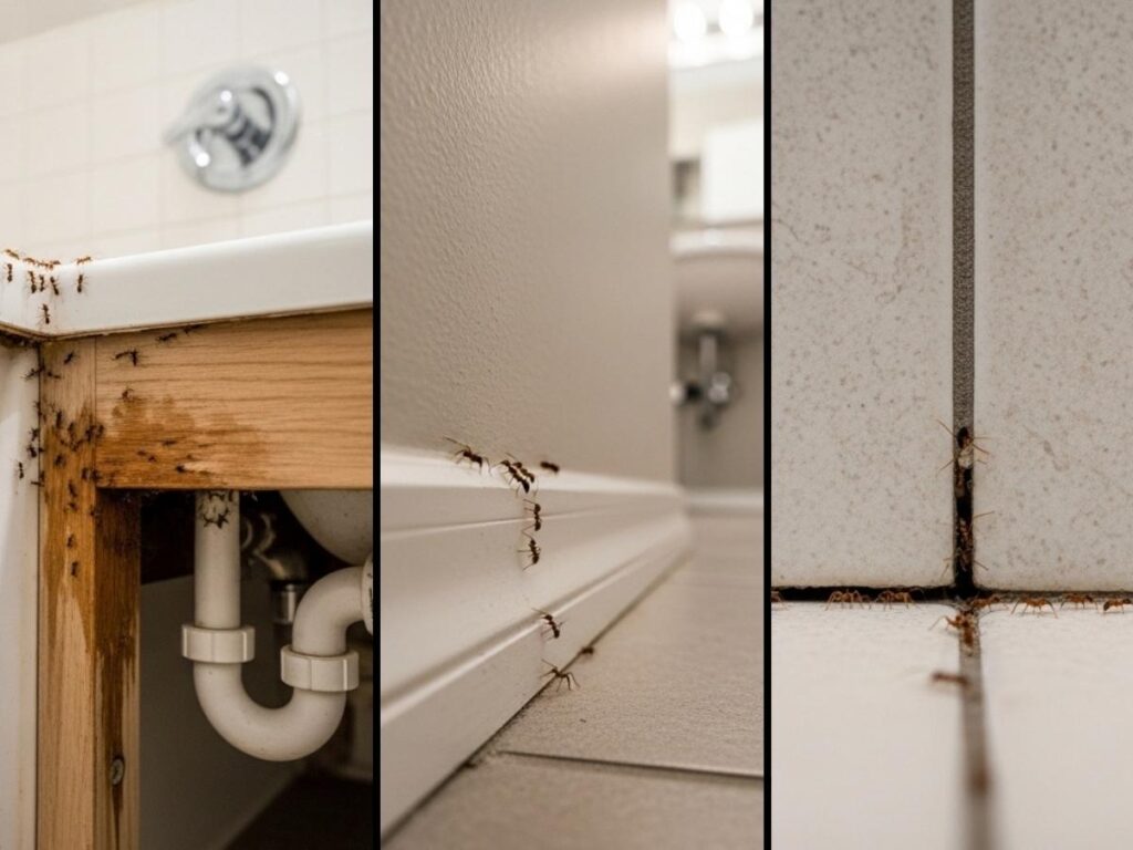 Moisture ants, odorous house ants, and pavement ants near bathroom plumbing and foundation cracks.