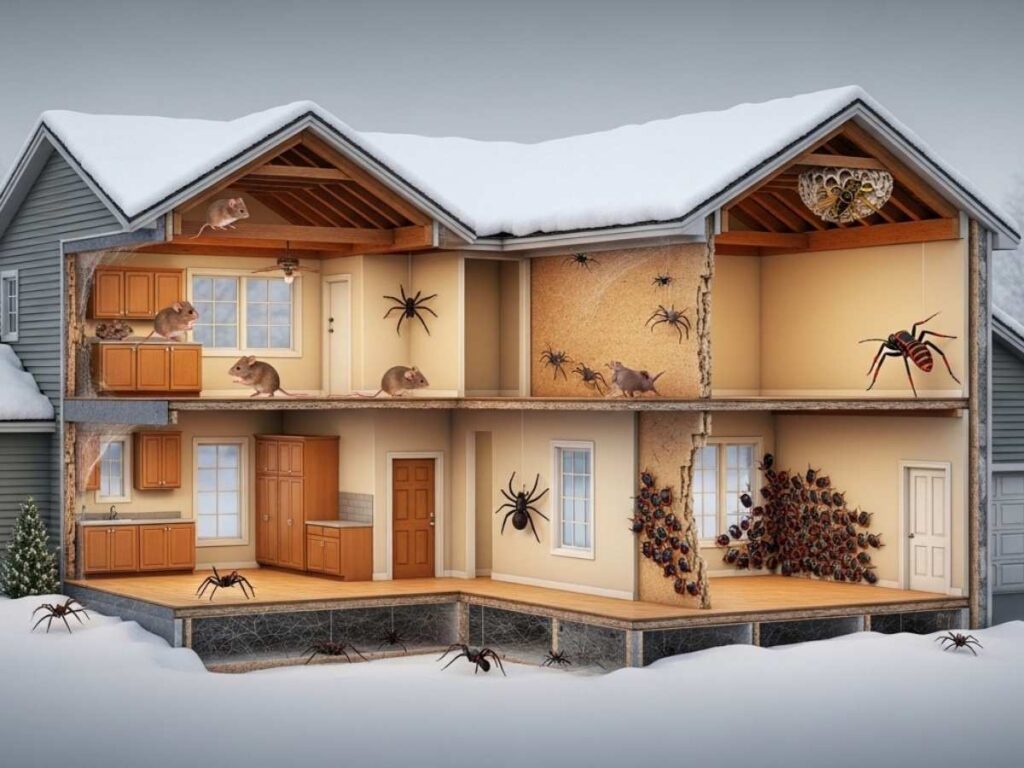 Cutaway winter home in Southeast Idaho showing mice, spiders, boxelder bugs, and wasps hiding indoors.