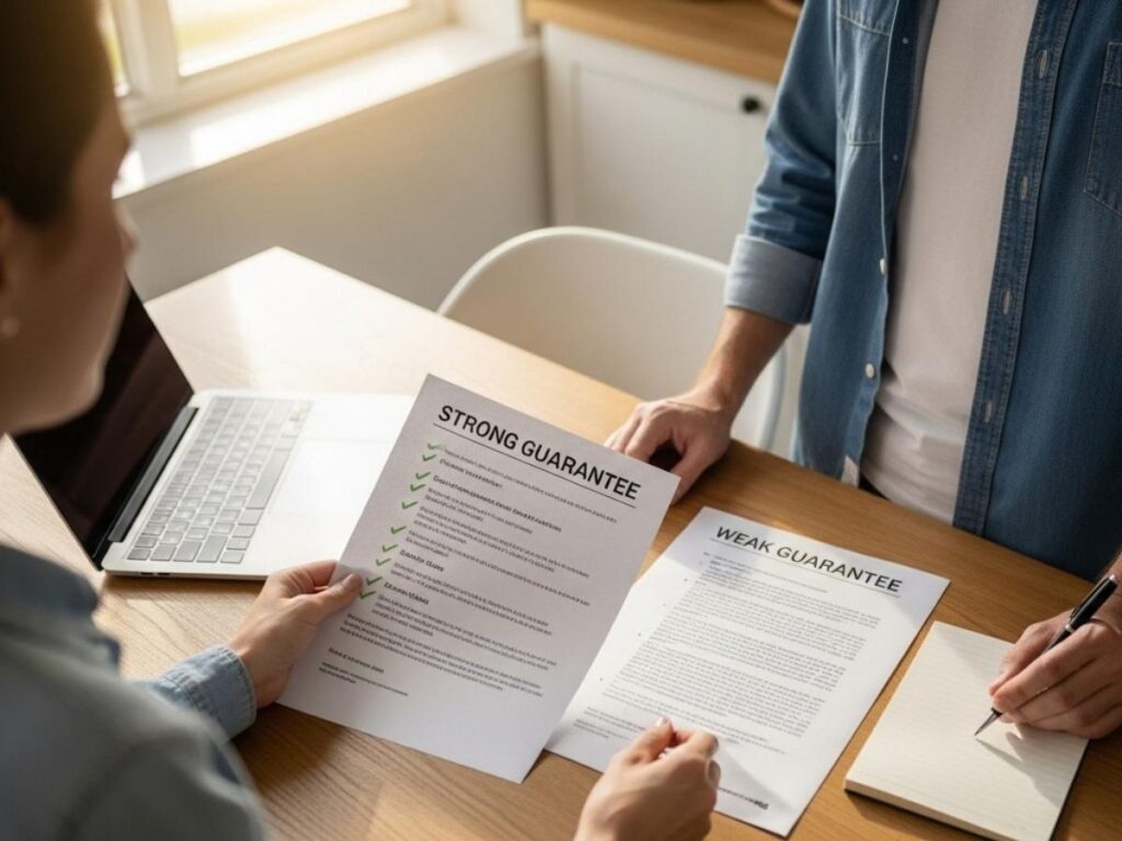 Homeowner comparing clear pest control guarantee terms with confusing fine-print contract.