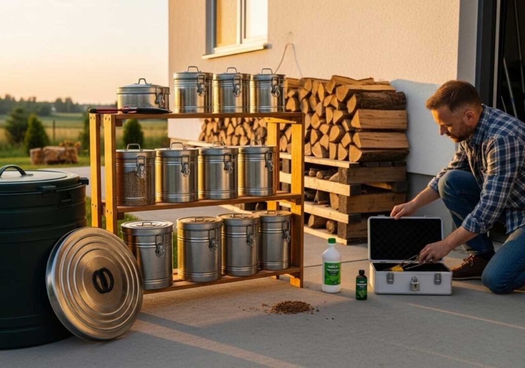 Organized backyard with sealed feed containers, secured compost bin, stacked firewood, and safe mouse prevention methods in place.