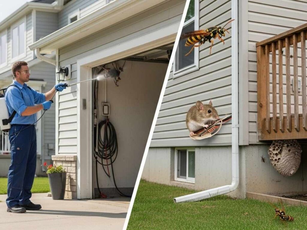 Comparison showing preventative monthly pest control service versus pest damage from rodents and wasps.