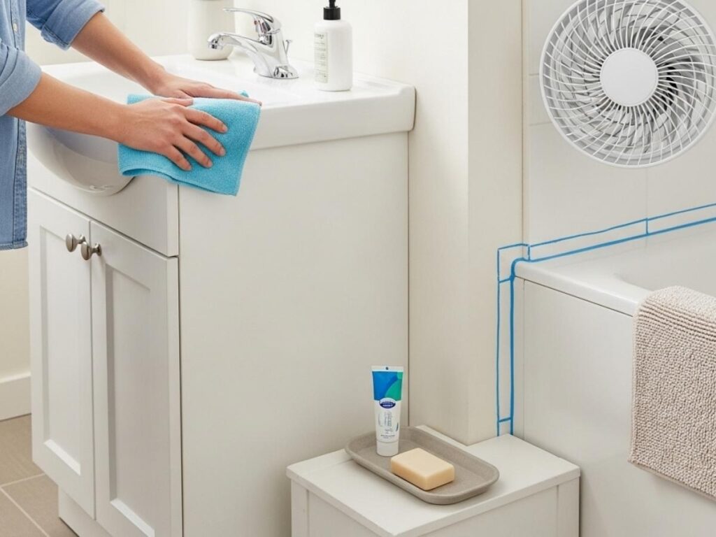 Homeowner drying a bathroom sink and sealing edges to prevent ants and moisture buildup.