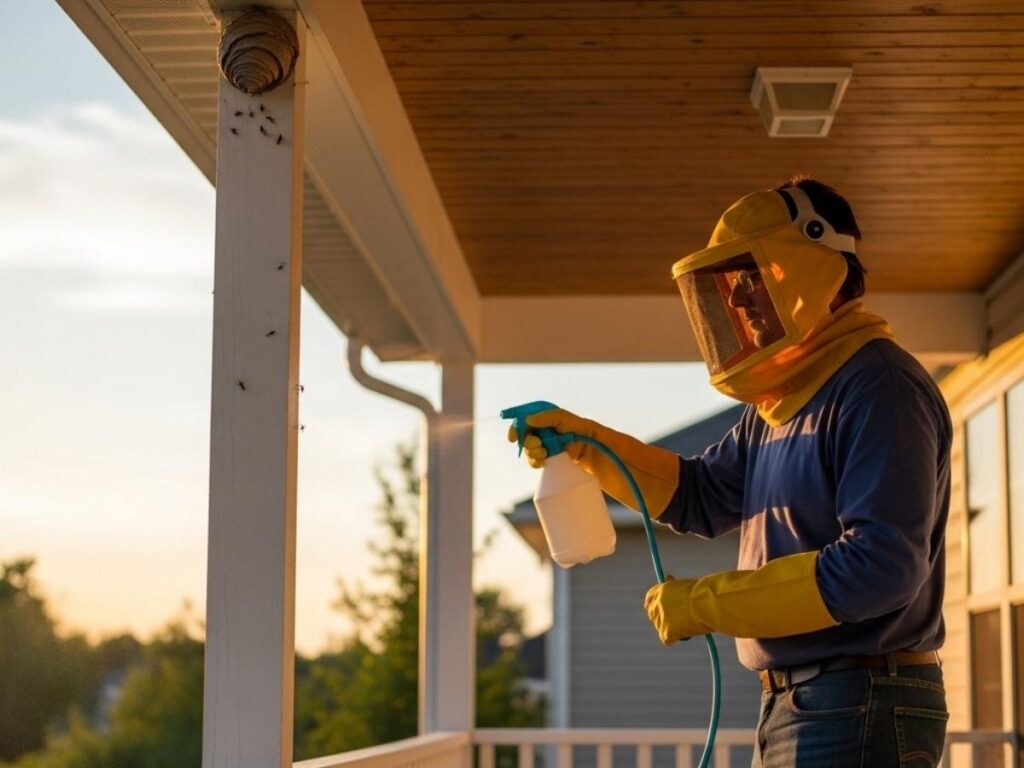 Homeowner wearing protective clothing carefully spraying a small wasp nest on a porch during evening hours. 