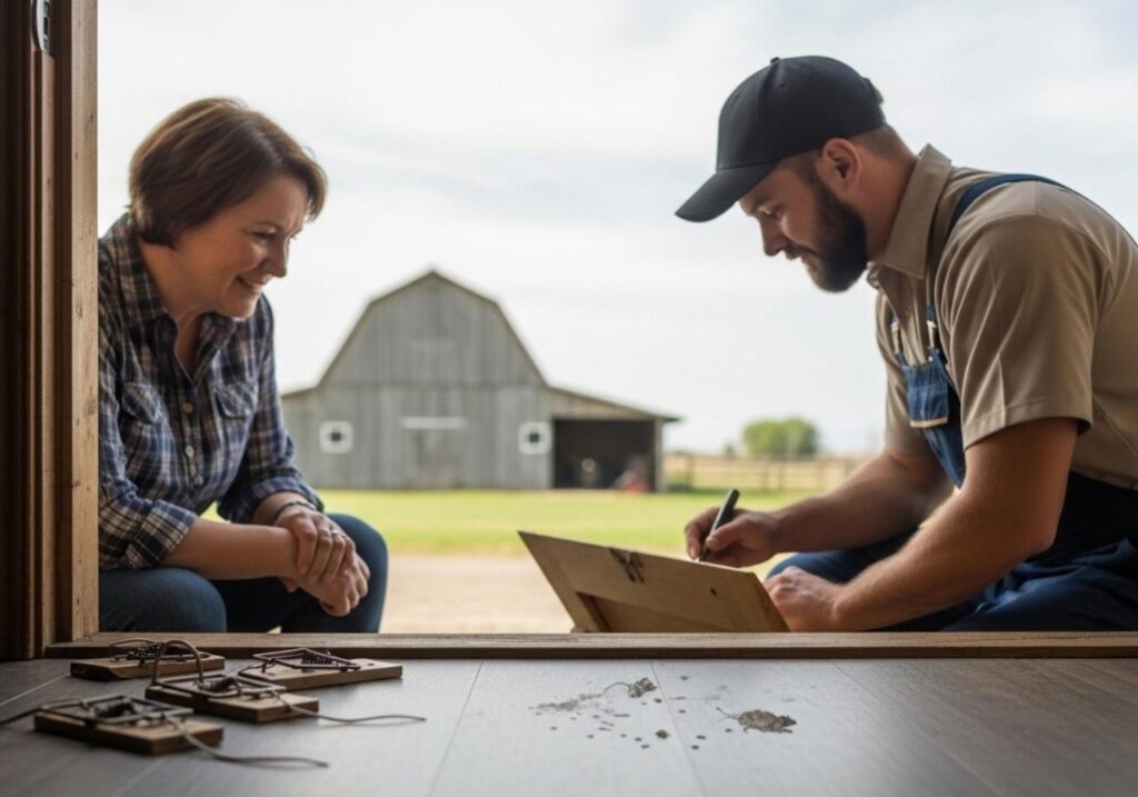 Professional pest control technician inspecting a rural home after DIY mouse traps failed to stop the infestation.