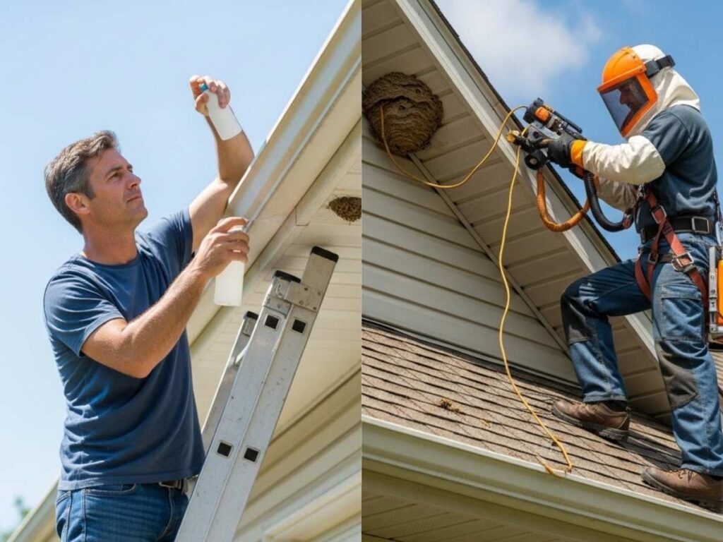 Side-by-side comparison of homeowner DIY wasp control and professional technician removing a larger nest.