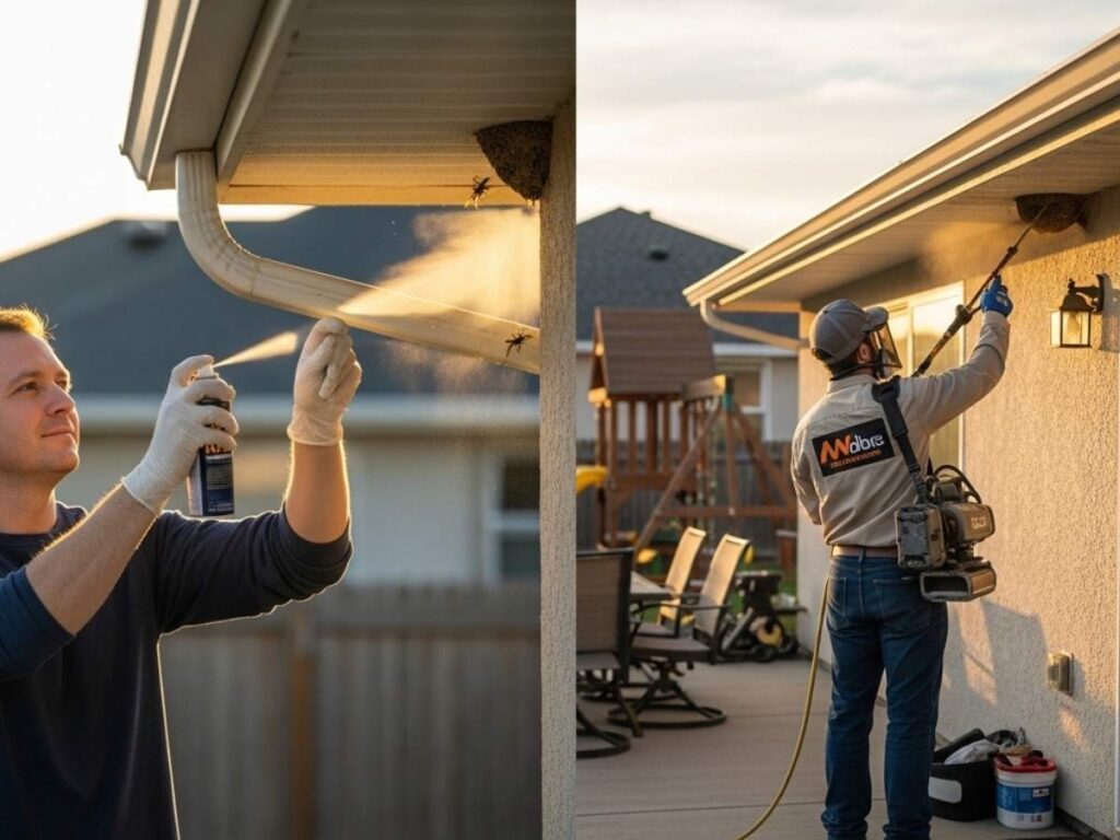 Side-by-side comparison of a homeowner using DIY wasp spray and a professional technician removing a larger nest.
