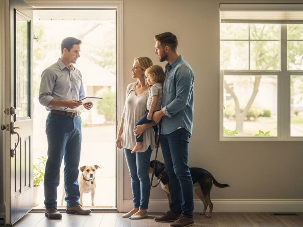 Pest control technician explaining treatment day steps to a family with a child and dog.