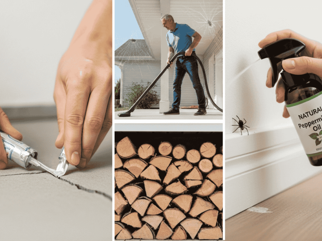 Homeowner sealing cracks, vacuuming webs, storing firewood away from house, and using natural spray to prevent spiders.