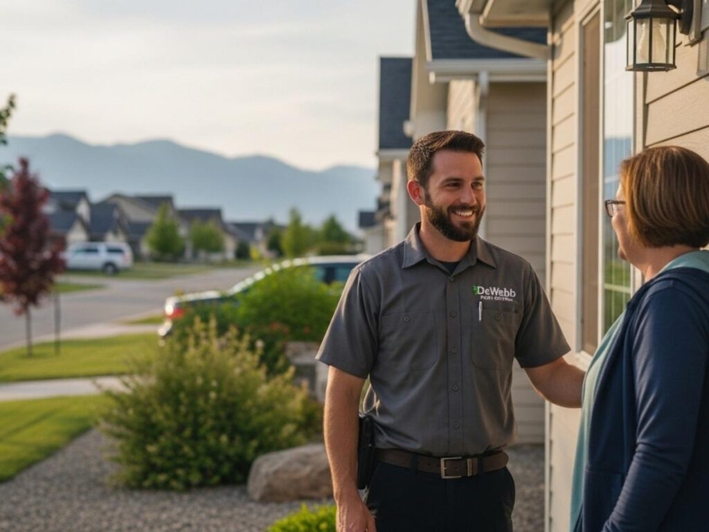 Friendly local pest control technician speaking with a homeowner outside a Southeast Idaho house.