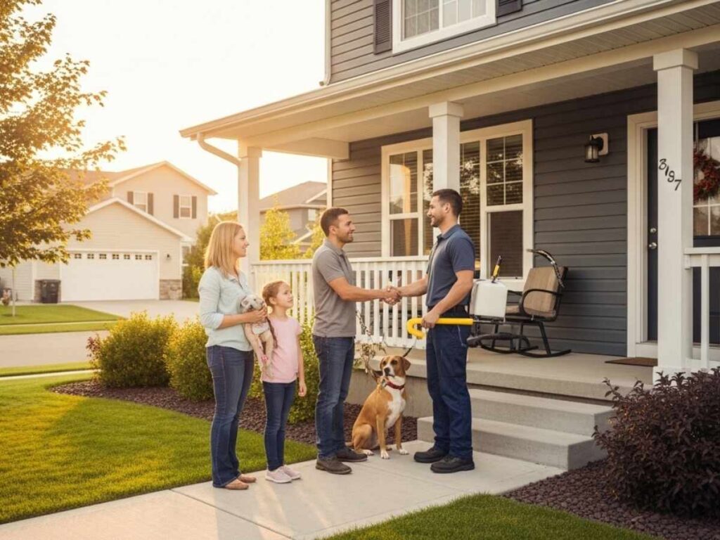Local pest control technician reassuring a family outside their home, representing trusted service and guarantee-backed protection.
