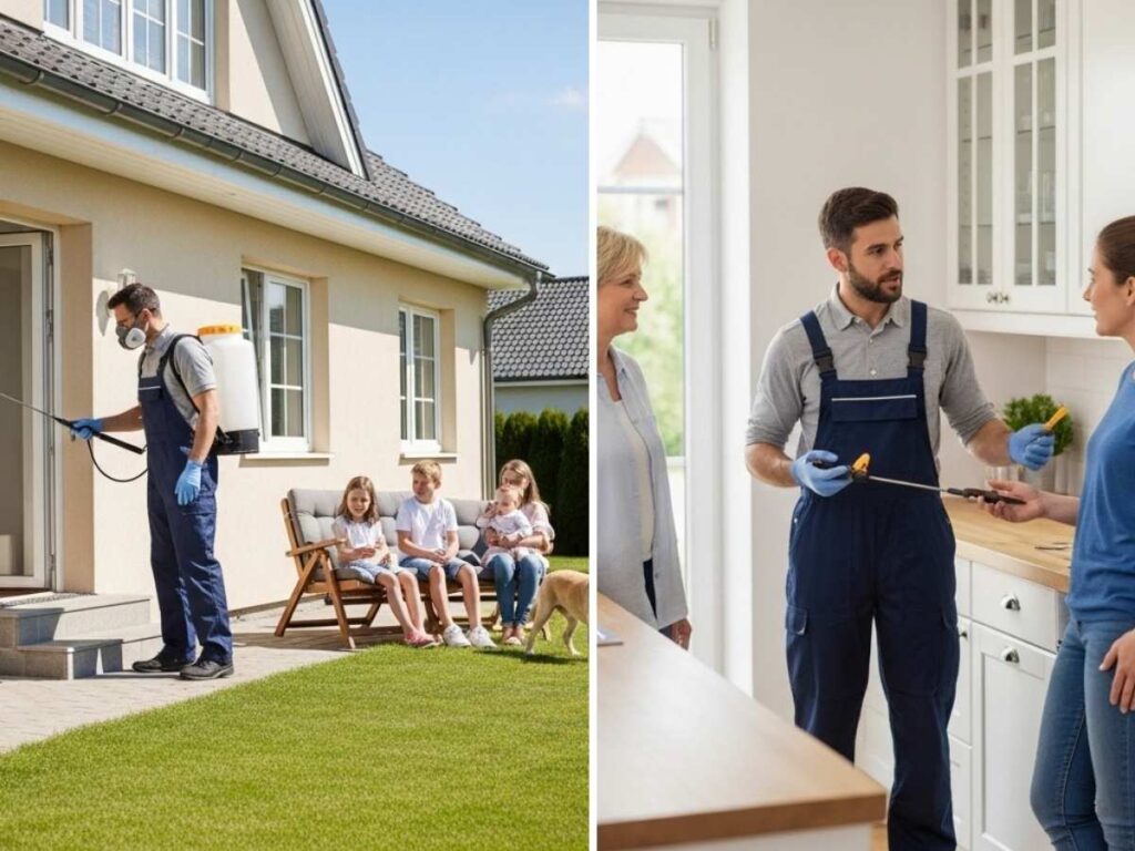 Pest control technician performing preventive outdoor treatment and reactive indoor inspection in a family home.