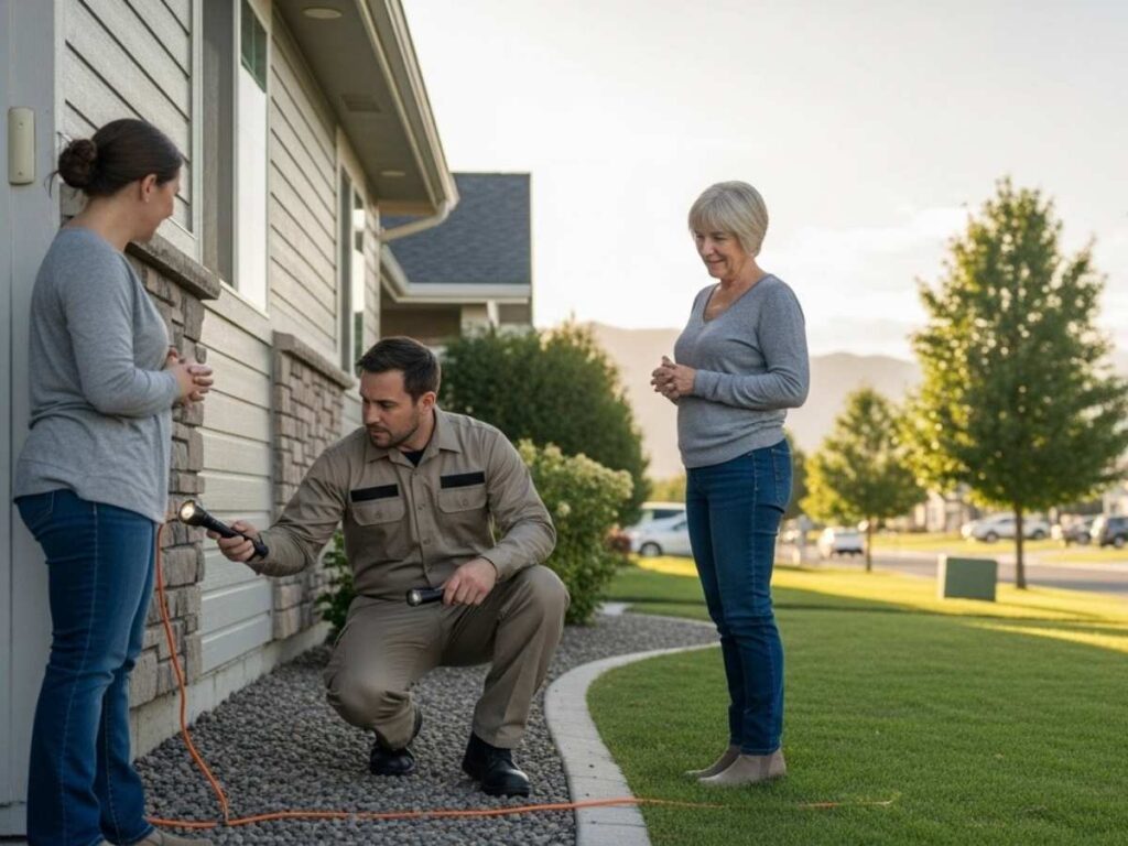 Pest control technician performing a careful home inspection while explaining service guarantee to homeowner.