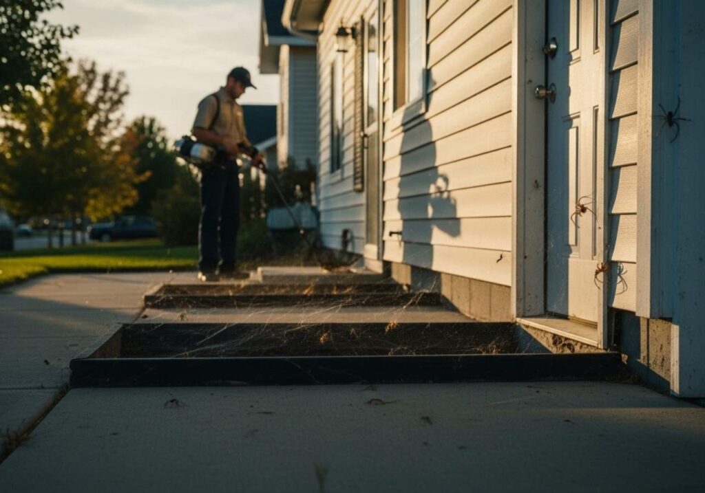 Pest control technician treating a Southeast Idaho home exterior to reduce spider activity in late summer.