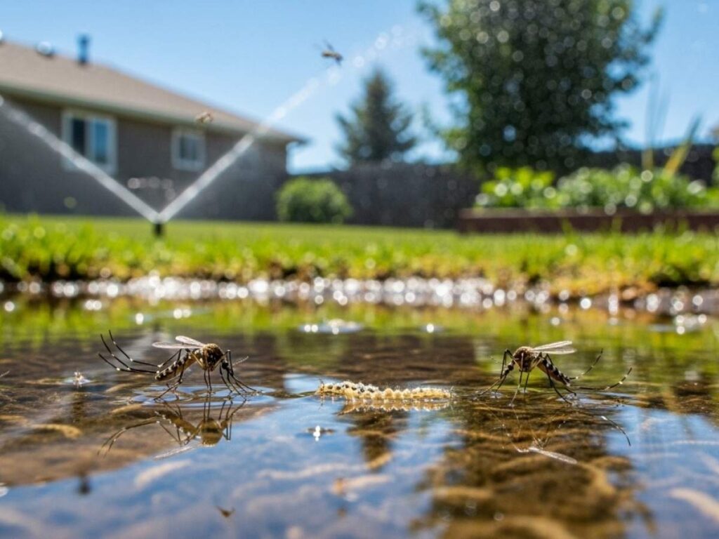 Close-up of mosquito larvae and an adult mosquito laying eggs in standing water in a backyard puddle.