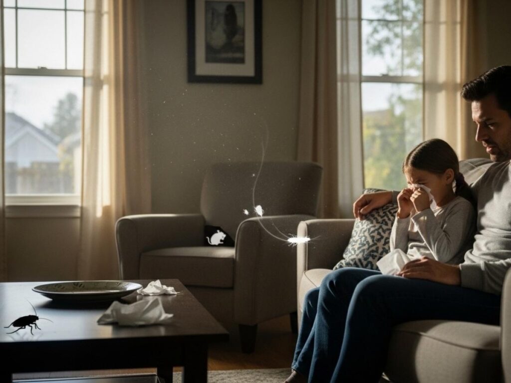 Child sneezing in a living room with subtle signs of hidden household pest allergens affecting indoor air quality.