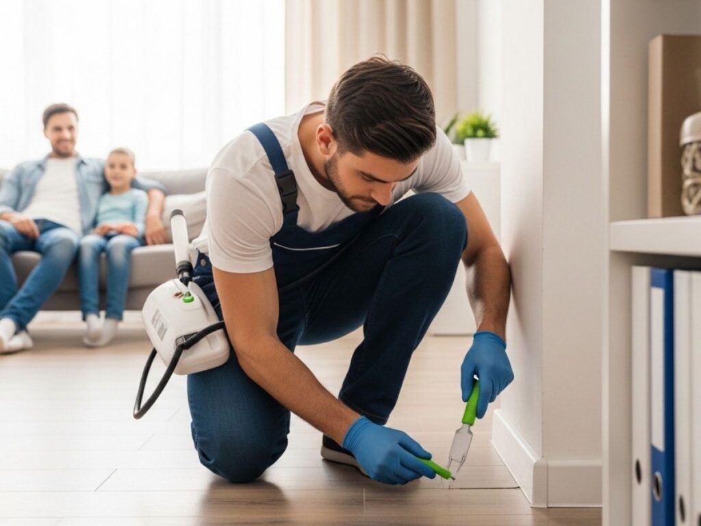 Professional pest control technician using safe methods inside a family home to reduce allergy-triggering pests.