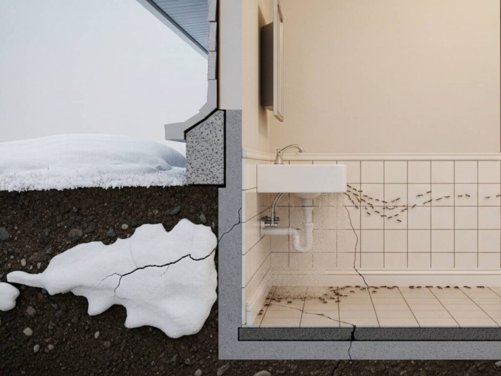 Cross-section of an Idaho home in late winter showing ants entering through foundation cracks into a bathroom.