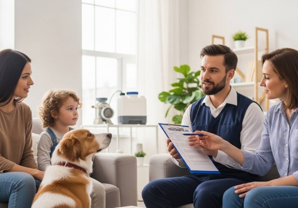 Pest control technician explaining safe ant treatment procedures to a family with a child and dog in a bright living room.