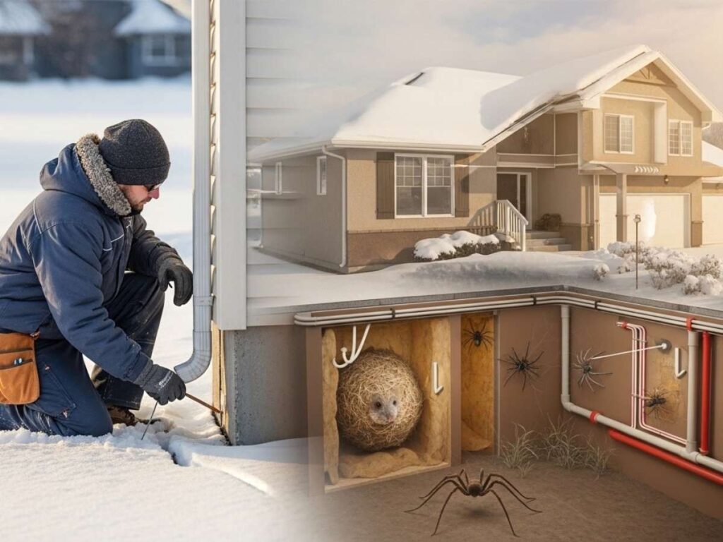 Winter pest control technician sealing entry points and preventing mice and spiders in a snow-covered Idaho home.