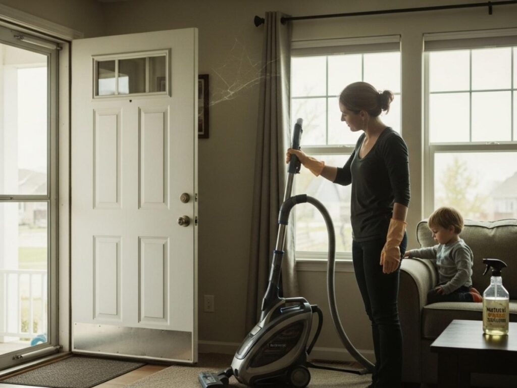 Parent vacuuming a small spider web in a clean family home using safe, preventative pest control methods.