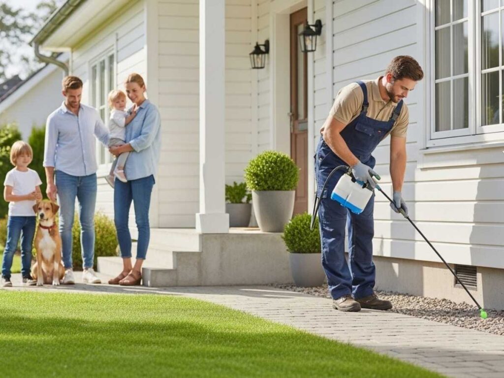 Pest control technician applying a safe exterior treatment while a family with a child and dog stands nearby.