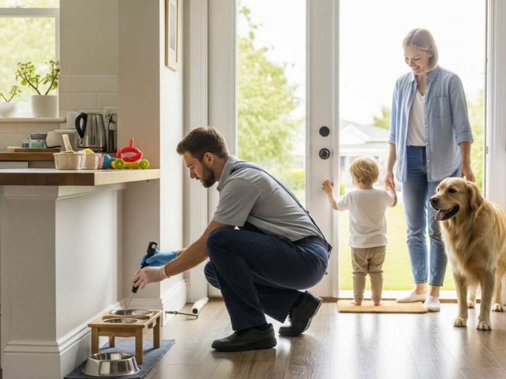 Pest control technician treating a family home safely while children and pets are kept protected.